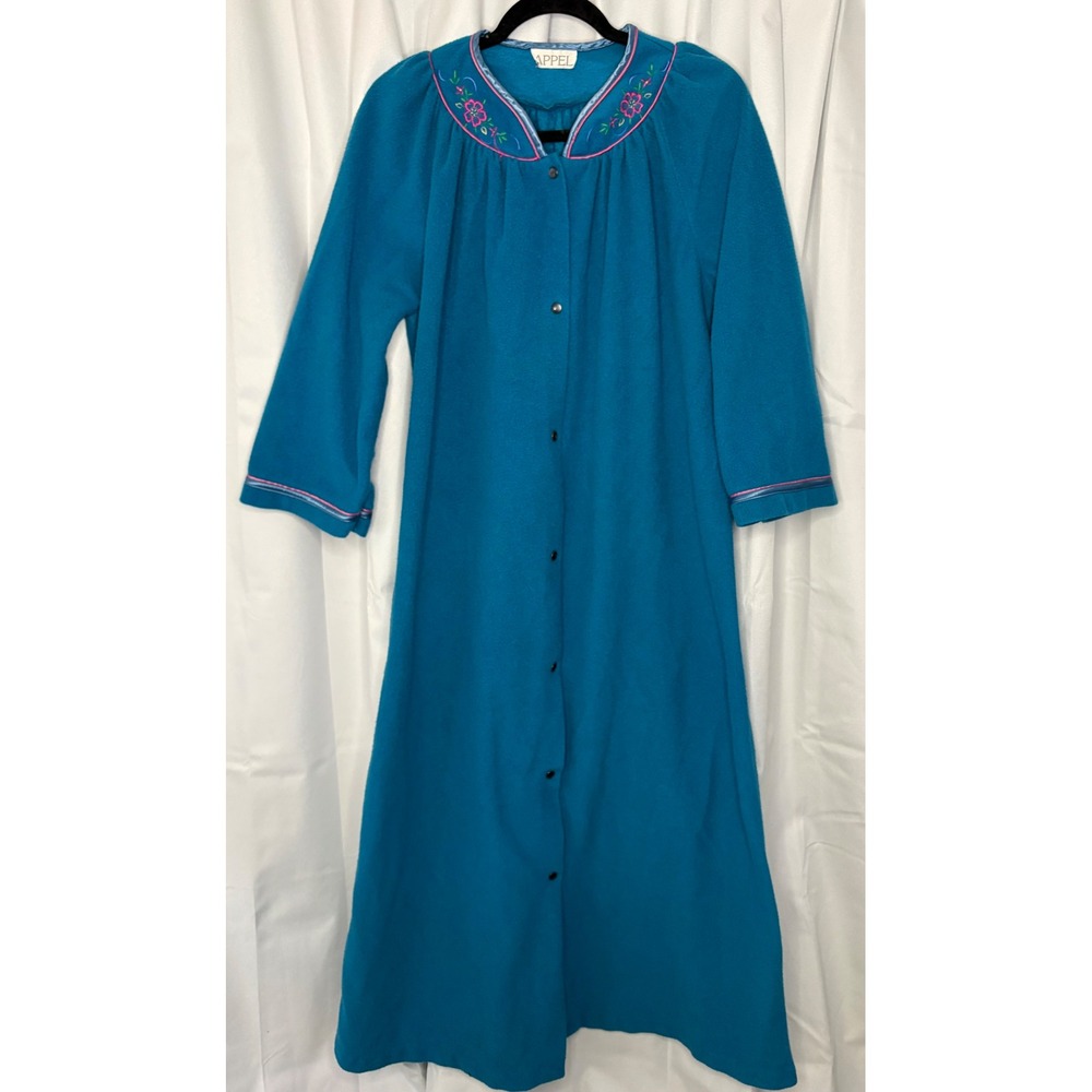 VTG Appel Loungewear Teal Blue Floral Embroidered Snap Front Robe Dress Cottage
